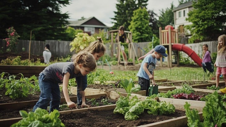 Children gardening together outdoors